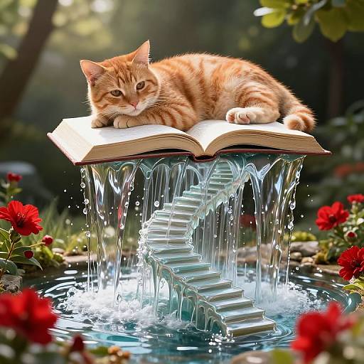 Photograph of an orange tabby cat lounging on an open book, surrounded by a glass staircase with water flowing down, set in a lush garden