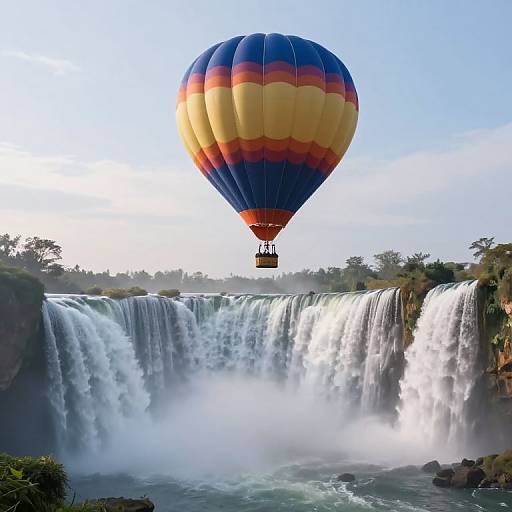 Photograph of a colorful hot air balloon hovering above a powerful waterfall, surrounded by lush greenery and misty spray.