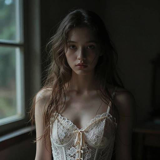 Photograph of a young woman with long, wet brown hair, wearing a white lace lingerie top, standing in dimly lit room by a window.