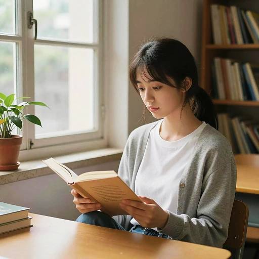Photograph of an Asian woman with black hair in a ponytail, wearing a gray cardigan and white shirt, reading a book in a sunlit
