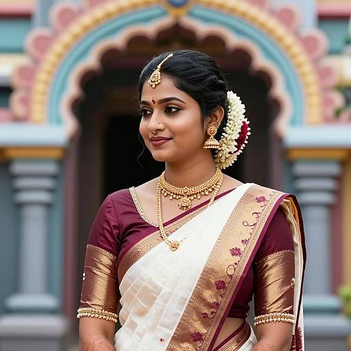 Photograph of an Indian woman in traditional maroon and gold saree, adorned with gold jewelry and a white floral hair accessory, standing in front of