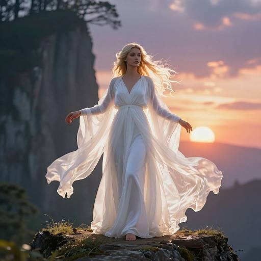 Photograph of a blonde woman in a flowing white dress, standing on a rocky cliff at sunset, with glowing light and serene mountain backdrop.