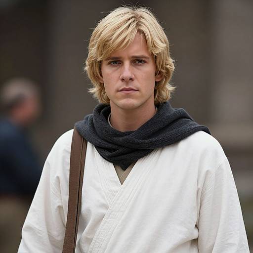 Photograph of a young man with blonde hair, wearing a white shirt, black scarf, and brown strap, standing outdoors with a serious expression. Background