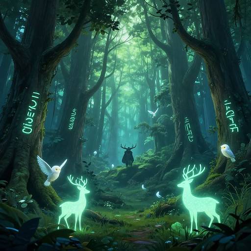 Digital fantasy artwork of a mystical forest with glowing blue deer, white birds, and a deer-like figure with antlers, surrounded by luminescent text