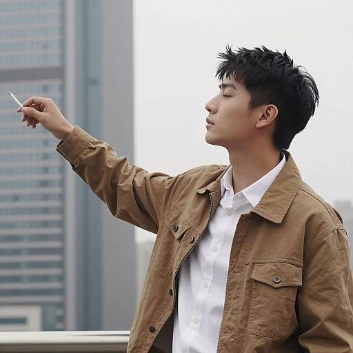 Young Man Smoking Outdoors in City