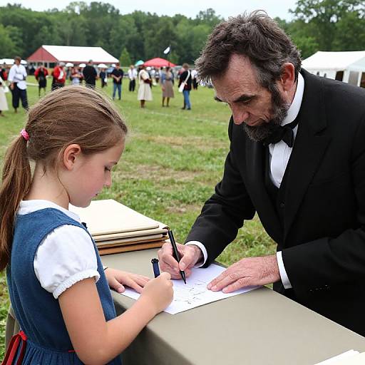 Photograph of a bearded man in a black tuxedo signing a document for a young girl with brown hair in a blue dress outdoors on a