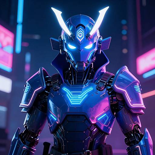 Digital CGI of a futuristic, glowing blue and purple robotic warrior with neon horns and glowing eyes, set against a neon-lit cityscape background.