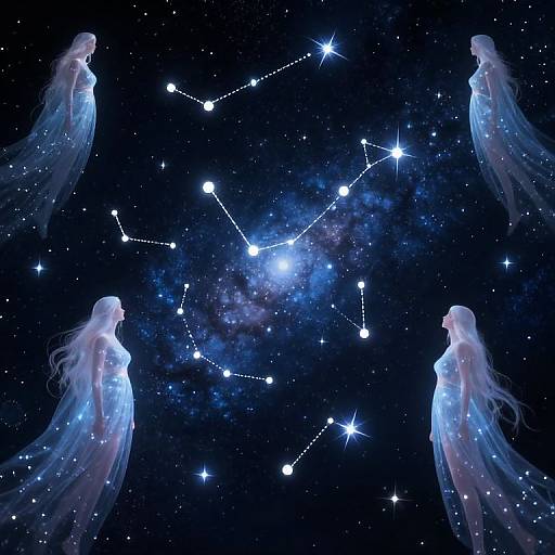 Digital art of four ethereal, glowing, blue-white angelic figures with flowing hair, surrounded by a starry night sky and a constellated