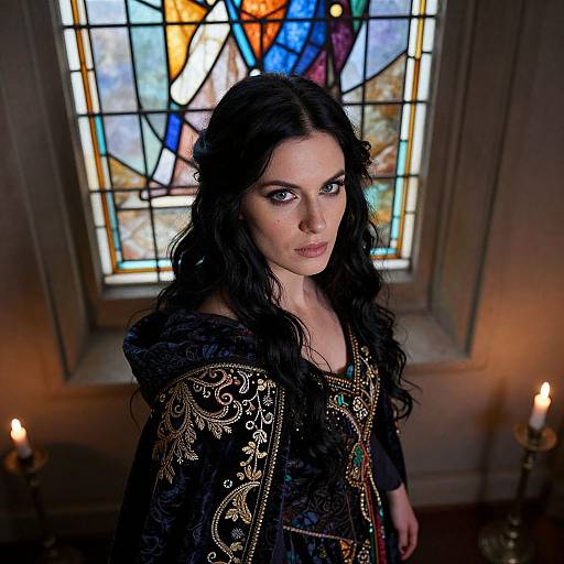 Photograph of a pale-skinned, dark-haired woman with intense eyes, wearing an ornate black gown, standing before a colorful stained glass window,