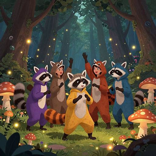 Digital illustration of five children in raccoon onesies, standing in a magical forest with glowing fireflies and red mushrooms.