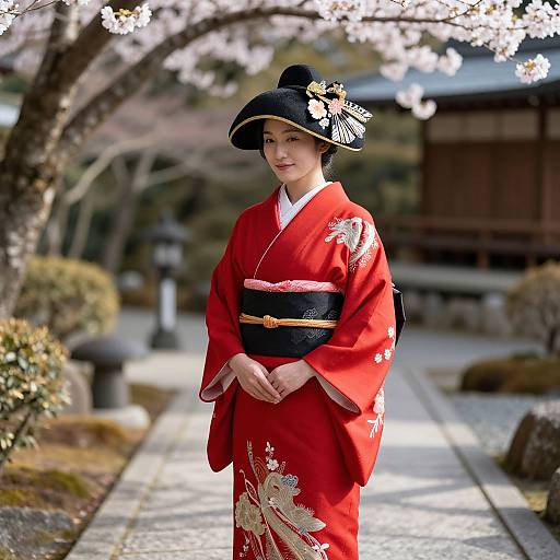 Japanese Woman in Red Kimono Under Cherry Blossoms