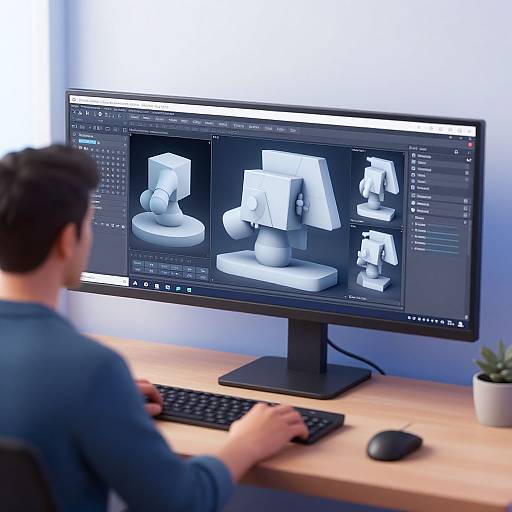 Photograph of a man with short dark hair, in a blue shirt, working on a computer displaying 3D renderings of lamps.