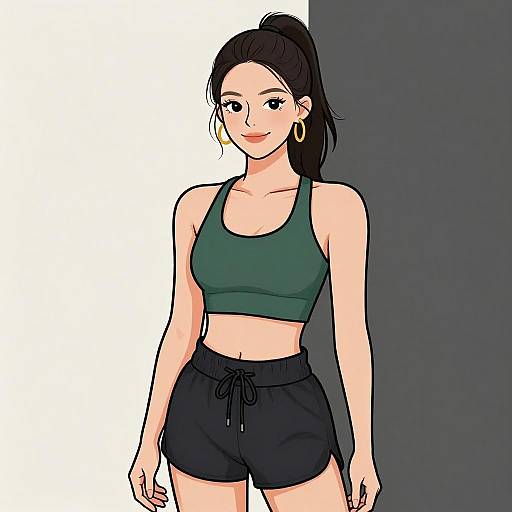 Digital drawing of a smiling woman with fair skin, black hair in a ponytail, wearing a green sports bra and black shorts, standing against a white
