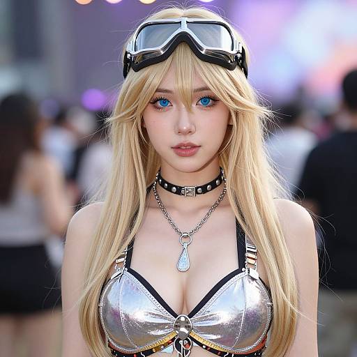 Blonde anime-style woman with blue eyes, wearing silver bra, black choker, goggles, and chain necklace, in a blurred, colorful urban background