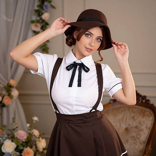Photograph of a fair-skinned woman with blue eyes, brown hair in a bob, wearing a black hat, white blouse with black bow, black