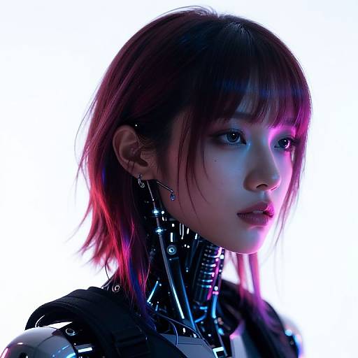 Photorealistic CGI portrait of an East Asian woman with short, red-pink highlighted hair, wearing a high-tech, metallic neck collar against a bright