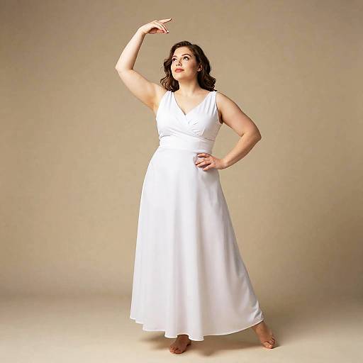 Photograph of a curvy woman with fair skin, dark wavy hair, wearing a white sleeveless V-neck maxi dress, pointing upwards with her