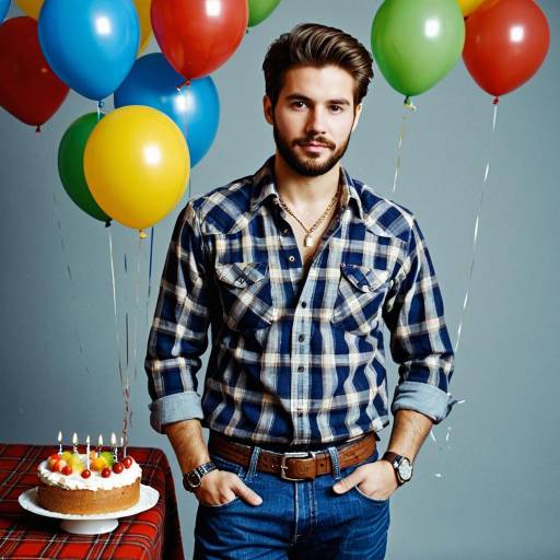 Man in Plaid Shirt with Birthday Cake and Balloons