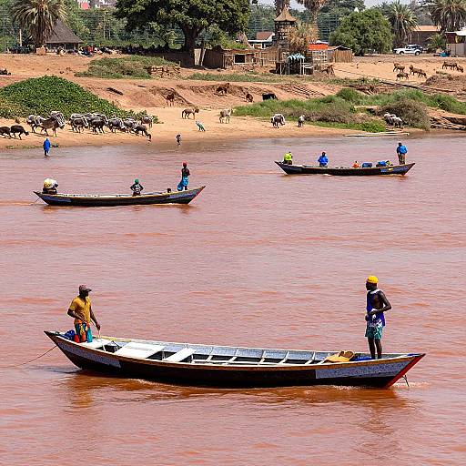 Photograph of five wooden boats on a red-brown river, with five people in blue and yellow clothing, near a sandy bank with greenery,