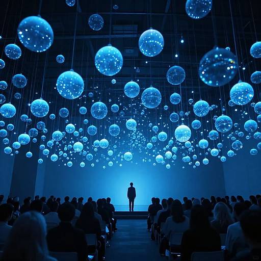 Photograph of a dimly lit theater with a blue-lit stage, silhouetted audience, and floating blue glowing spheres overhead. A lone