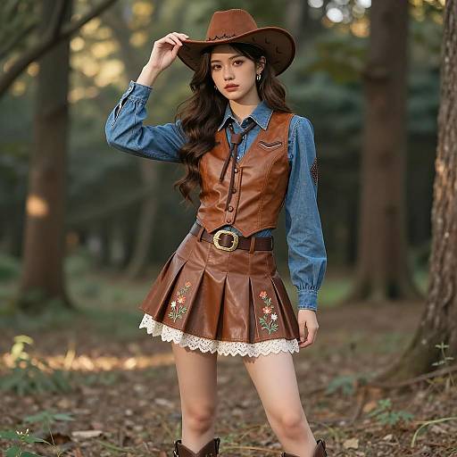 Young Woman in Cowgirl Costume in Forest