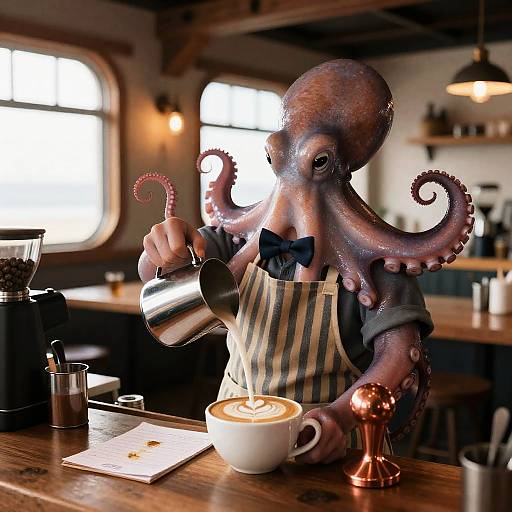 Anthropomorphic Octopus Barista Pouring Latte Art