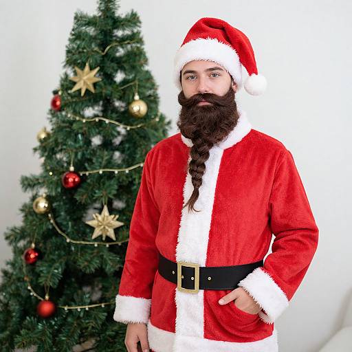 Photograph of a bearded man in a red Santa suit, standing in front of a decorated Christmas tree with gold stars and red ornaments.