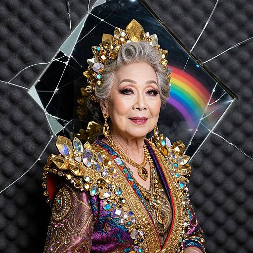 Photograph of an elderly Asian woman with silver hair, wearing an elaborate gold and turquoise embroidered robe, adorned with gemstones, and a jeweled crown