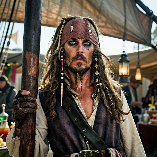 Photograph of a rugged pirate with long, dirty blonde hair, black eye makeup, brown bandana, and dark vest, gripping a wooden pole under