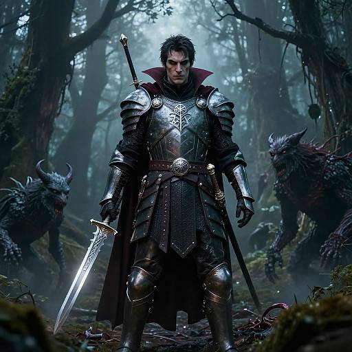 Dark forest scene: armored man with sword, red cloak, holding shield; two snarling, horned beasts in shadows, misty background.