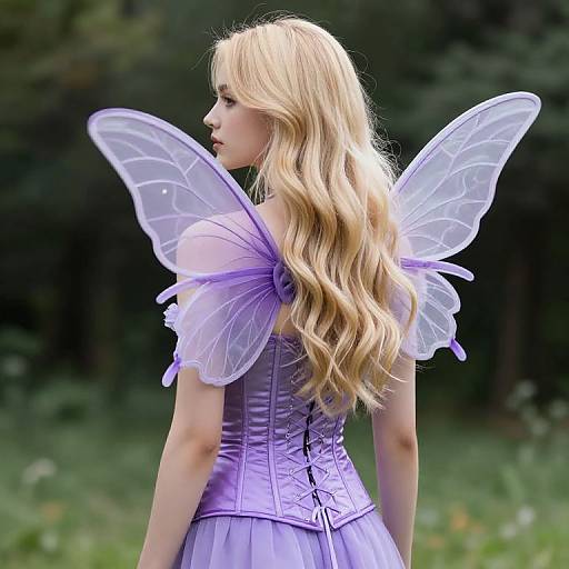 Photograph of a blonde woman with long wavy hair, wearing a lavender corset and translucent fairy wings, standing in a green forest.