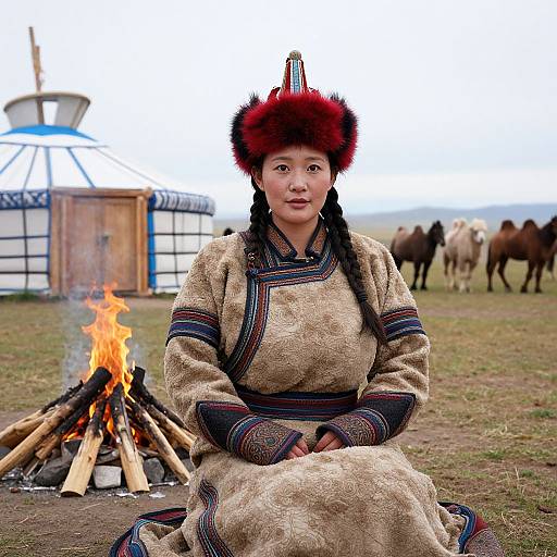 Photograph of an Asian woman in traditional Mongolian attire with red fur hat, sitting by a campfire in front of a yurt, with horses in