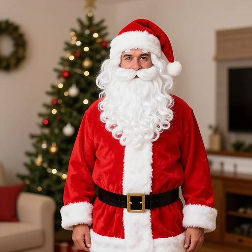 Photograph of a man in a Santa Claus costume with a large white beard, red velvet suit, black belt, and white trim, standing in a