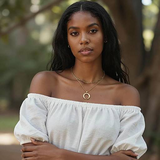 Portrait of Woman in White Off-Shoulder Dress Outdoors