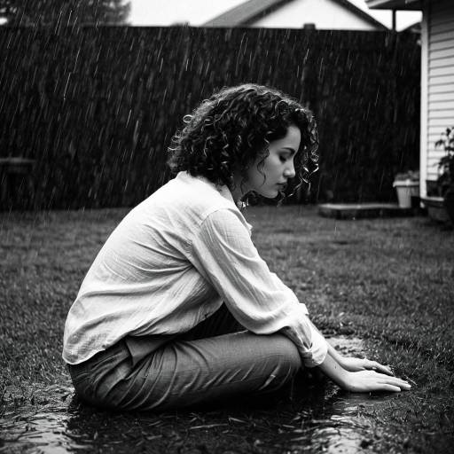 Woman Sitting in Rain in Backyard