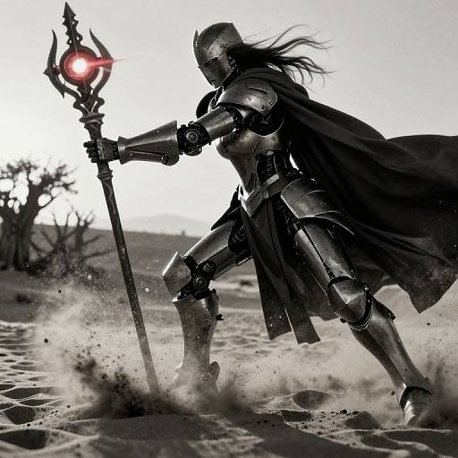 Silhouetted armored warrior with flowing cape, holding glowing red staff, strides through dusty desert, kicking up sand, in dramatic black-and-white digital