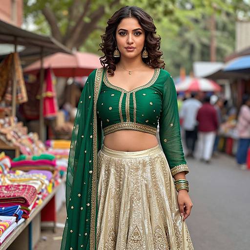 Photograph of a beautiful Indian woman with dark wavy hair, wearing a green embroidered crop top and gold dupatta, paired with a gold-emb