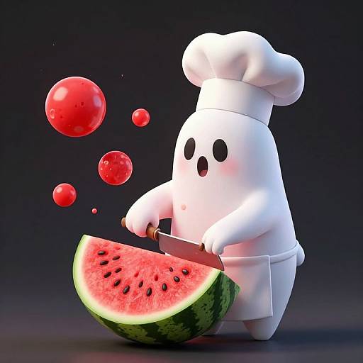 CGI image of a white, cartoon chef ghost slicing a watermelon wedge, with red bubbles floating in the dark background.