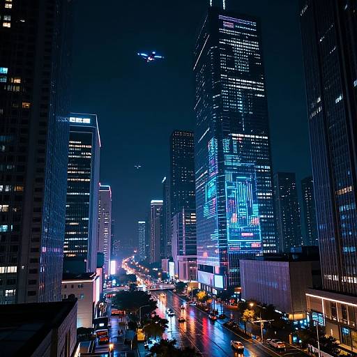 Nighttime cityscape photograph of a bustling urban street with towering, brightly lit skyscrapers, neon lights, and reflections on the wet road.