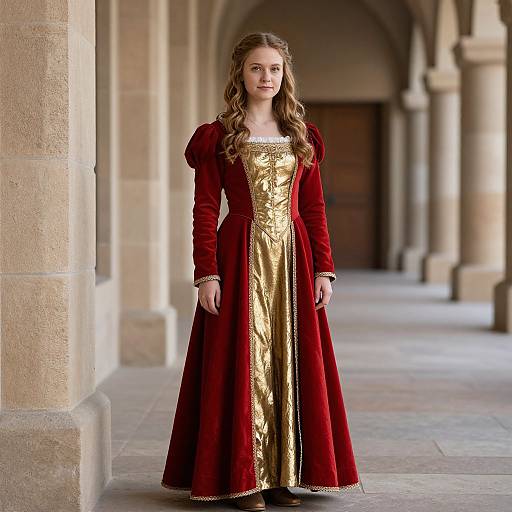 Photograph of a young girl with wavy brown hair, wearing a red velvet medieval-style dress with gold lining, standing in a stone corridor.