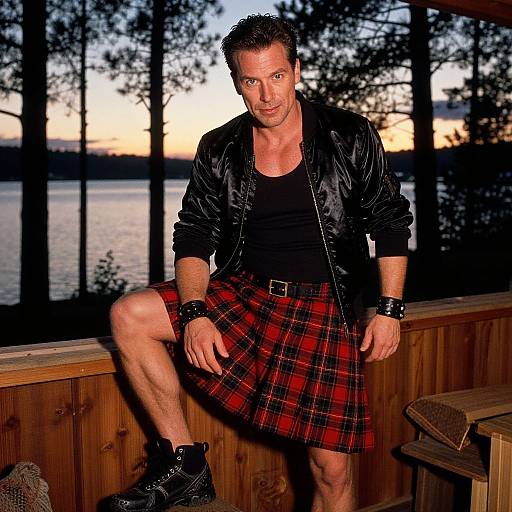 Photograph of a muscular man with short, spiked hair, wearing a black leather jacket, black shirt, red plaid kilt, black boots,