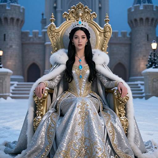 Digital artwork of a regal woman with long black hair, wearing an ornate silver and gold gown, fur-trimmed cape, and crown,