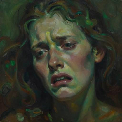 Digital painting of a distressed woman with wavy brown hair, green and yellow-tinted skin, and tear-filled eyes, set against a dark,
