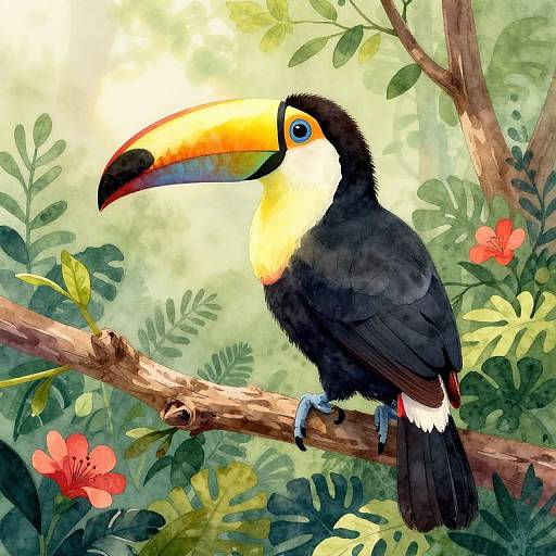 Watercolor Toucan in Mythical Jungle