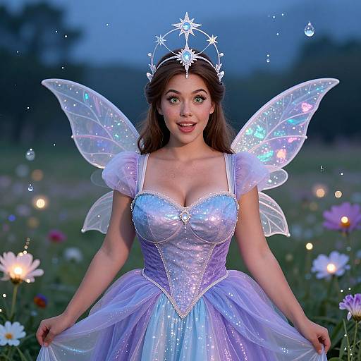 Photograph of a fair-skinned, brunette fairy princess with glowing wings, star tiara, and sparkly lavender dress, standing in a twilight me