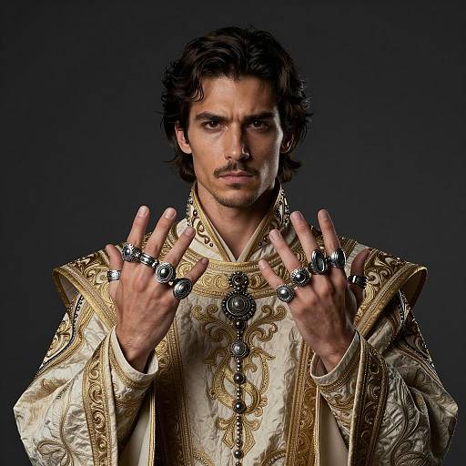 Medieval Style Man Wearing Ornate Robes and Rings