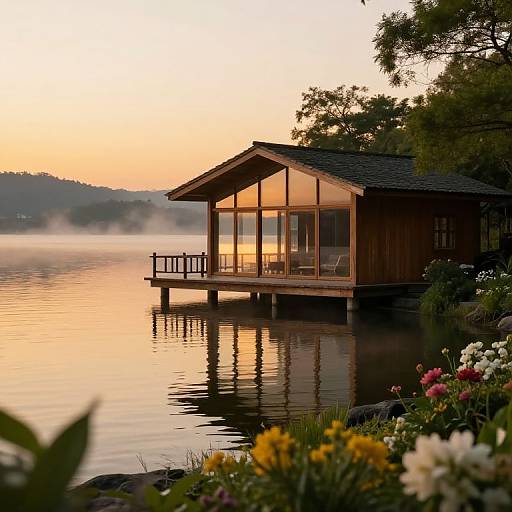 Photograph of a wooden cabin with glass windows on stilts over a calm lake at sunset, surrounded by flowers and trees.