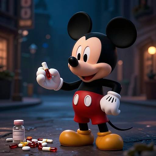 CGI image of Mickey Mouse holding a red capsule, standing on a cobblestone street with scattered pills and a bottle.