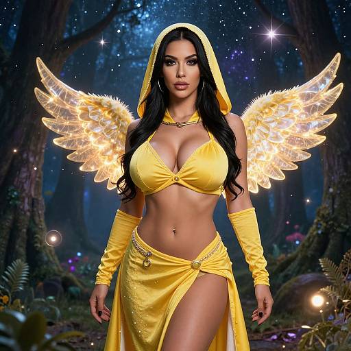 Digital art of a busty, dark-haired woman with glowing yellow wings, wearing a yellow hooded bikini and gloves, standing in a magical forest.