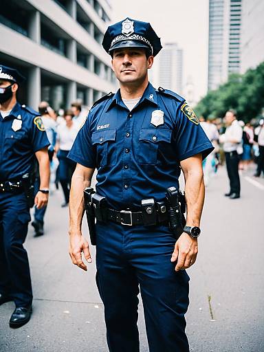 Male Police Officer in Uniform on City Street